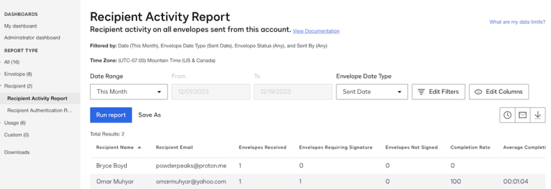 Screenshot of Recipient activity reporting