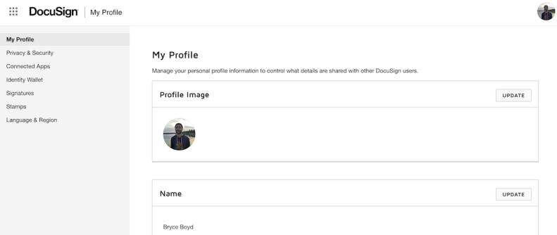 Screenshot of Managing your Profile in DocuSign