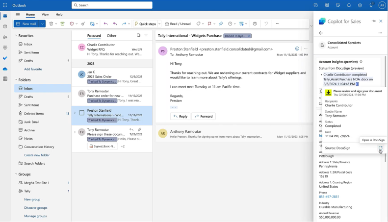 Screenshot of Docusign integration in Microsoft Copilot for Sales